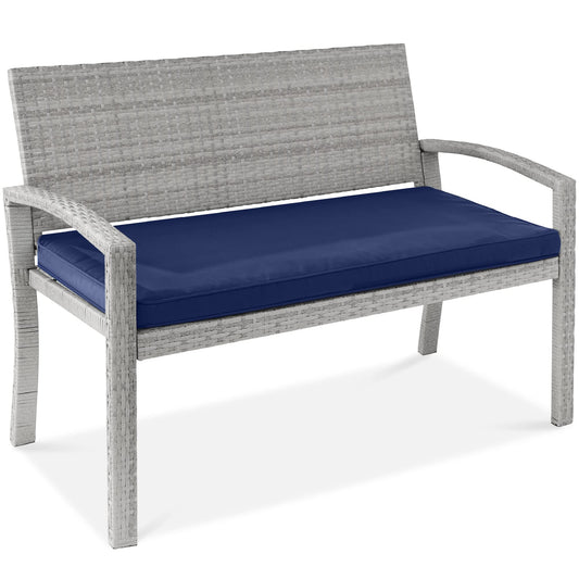 Best Choice Products Outdoor Bench 2-Person Wicker Garden Patio Benches Seating Furniture for Backyard, Porch w/Seat Cushion, 700lb Capacity - Gray/Navy - CookCave