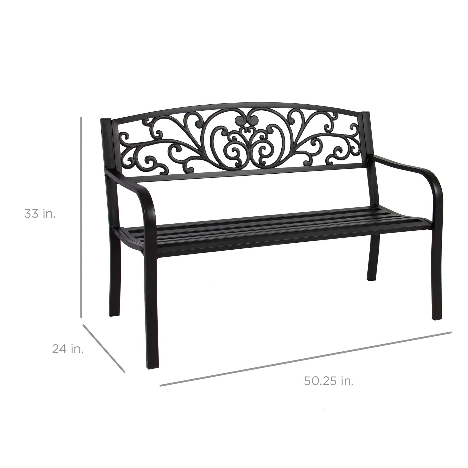 Best Choice Products Outdoor Bench Steel Garden Patio Porch Furniture for Lawn, Park, Deck w/Floral Design Backrest, Slatted Seat - Black - CookCave