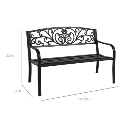 Best Choice Products Outdoor Bench Steel Garden Patio Porch Furniture for Lawn, Park, Deck w/Floral Design Backrest, Slatted Seat - Black - CookCave