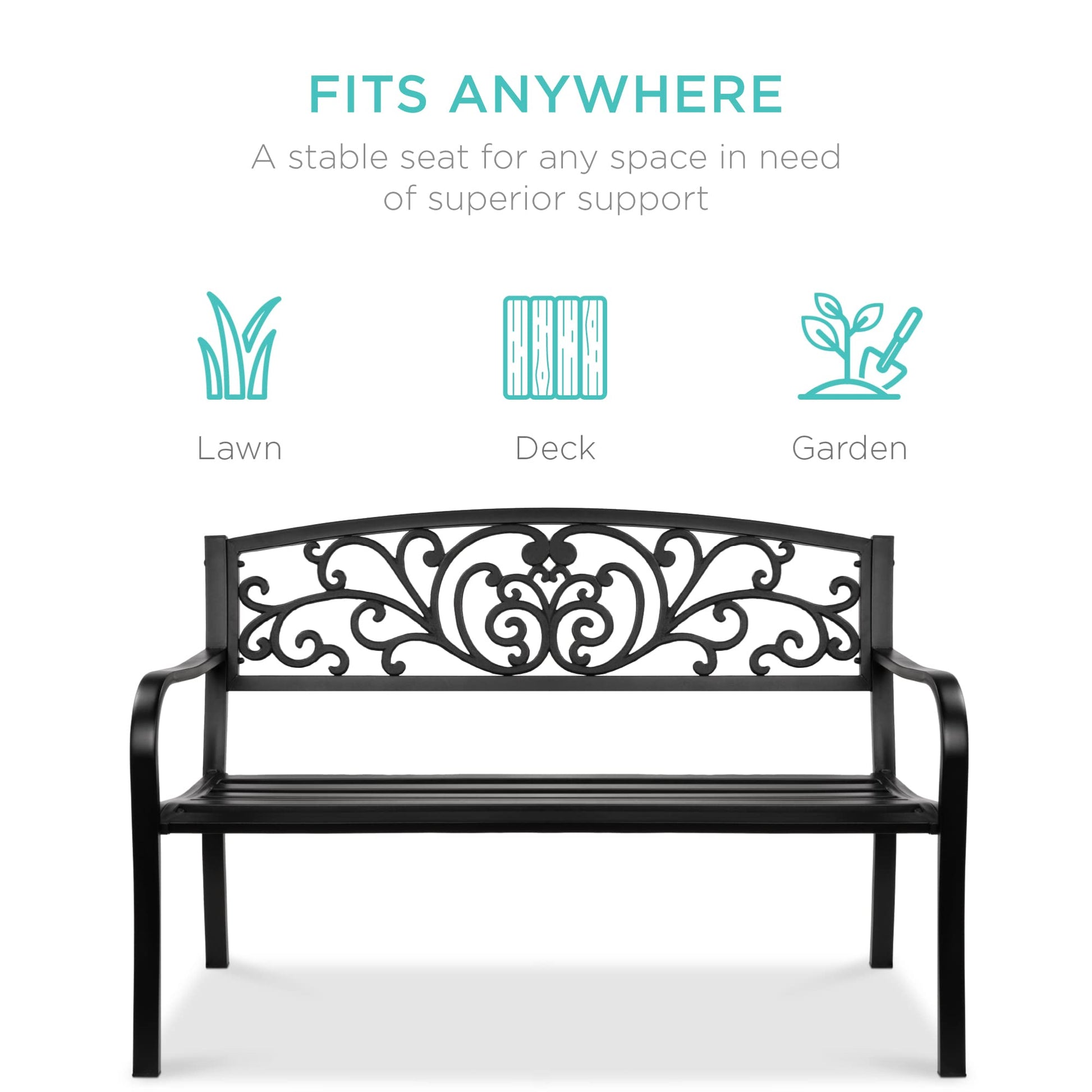 Best Choice Products Outdoor Bench Steel Garden Patio Porch Furniture for Lawn, Park, Deck w/Floral Design Backrest, Slatted Seat - Black - CookCave