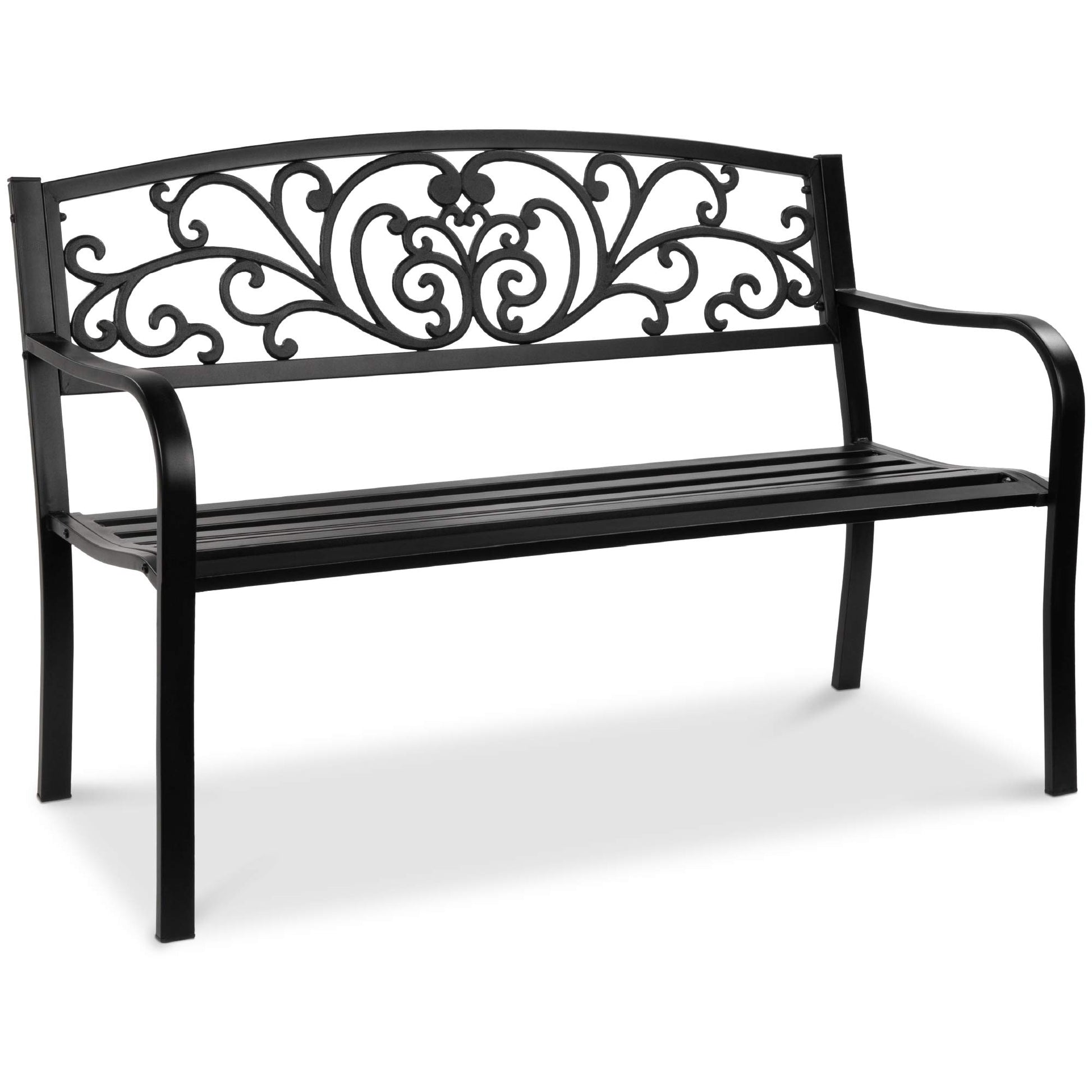 Best Choice Products Outdoor Bench Steel Garden Patio Porch Furniture for Lawn, Park, Deck w/Floral Design Backrest, Slatted Seat - Black - CookCave