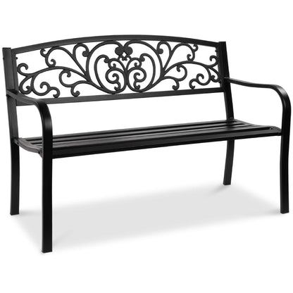 Best Choice Products Outdoor Bench Steel Garden Patio Porch Furniture for Lawn, Park, Deck w/Floral Design Backrest, Slatted Seat - Black - CookCave