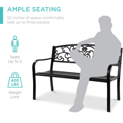 Best Choice Products Outdoor Bench Steel Garden Patio Porch Furniture for Lawn, Park, Deck w/Floral Design Backrest, Slatted Seat - Black - CookCave