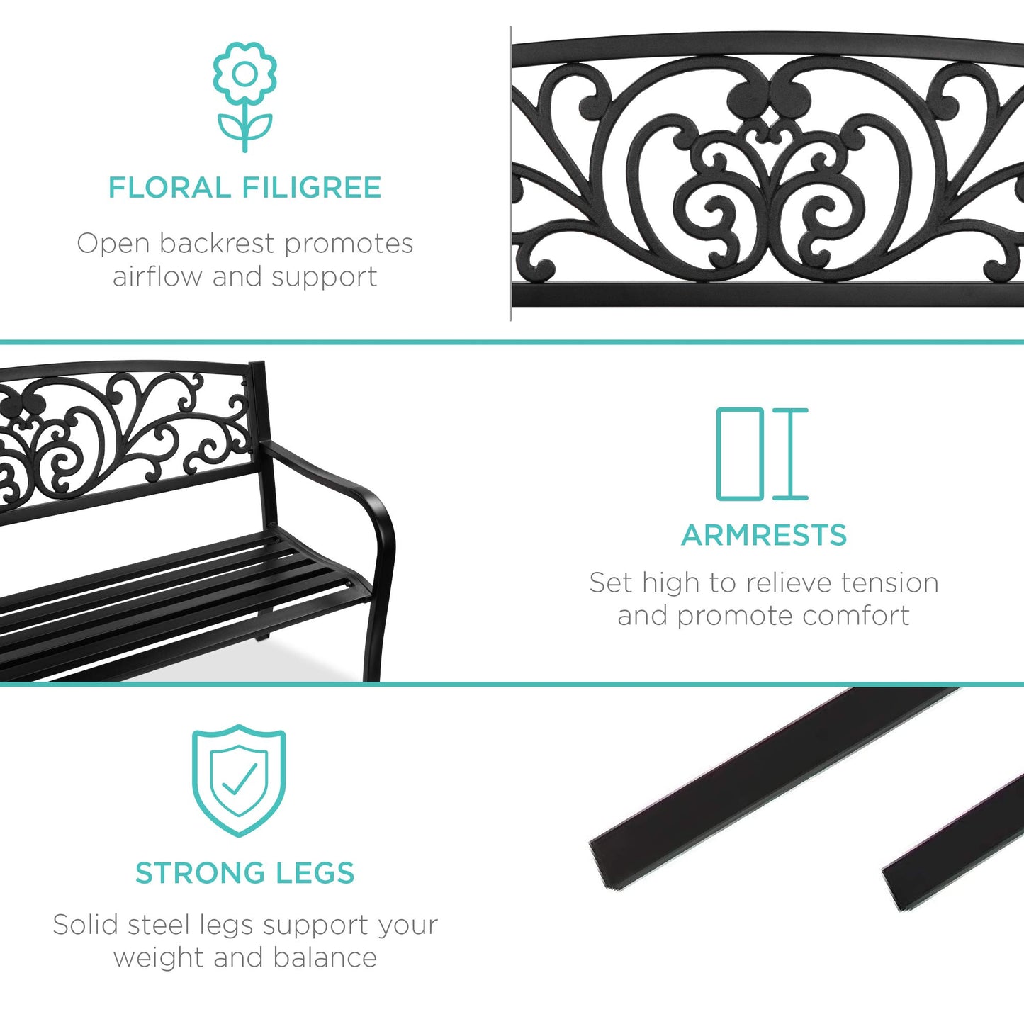 Best Choice Products Outdoor Bench Steel Garden Patio Porch Furniture for Lawn, Park, Deck w/Floral Design Backrest, Slatted Seat - Black - CookCave