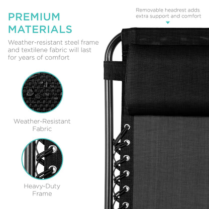 Best Choice Products Set of 2 Adjustable Steel Mesh Zero Gravity Lounge Chair Recliners w/Pillows and Cup Holder Trays - Black - CookCave