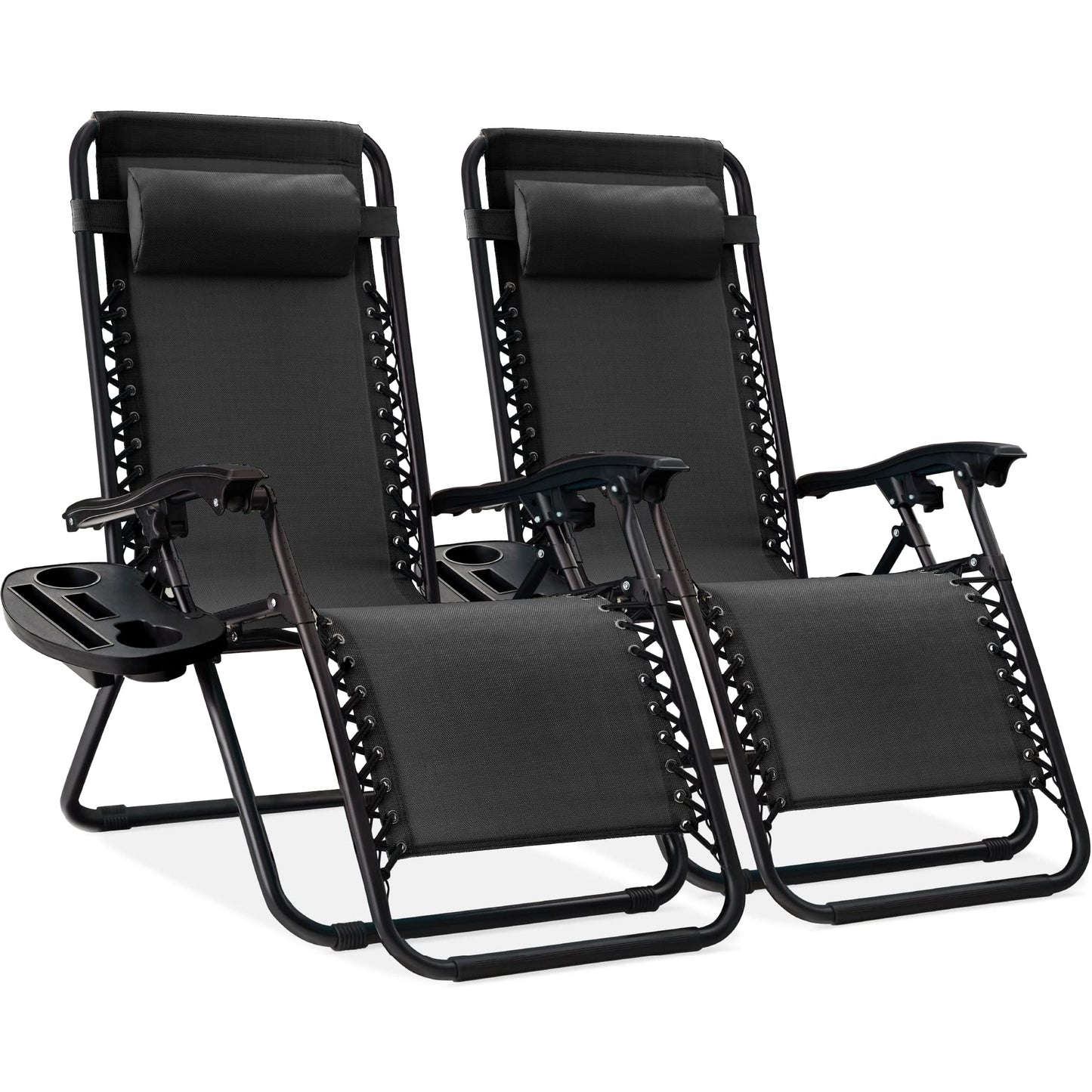 Best Choice Products Set of 2 Adjustable Steel Mesh Zero Gravity Lounge Chair Recliners w/Pillows and Cup Holder Trays - Black - CookCave