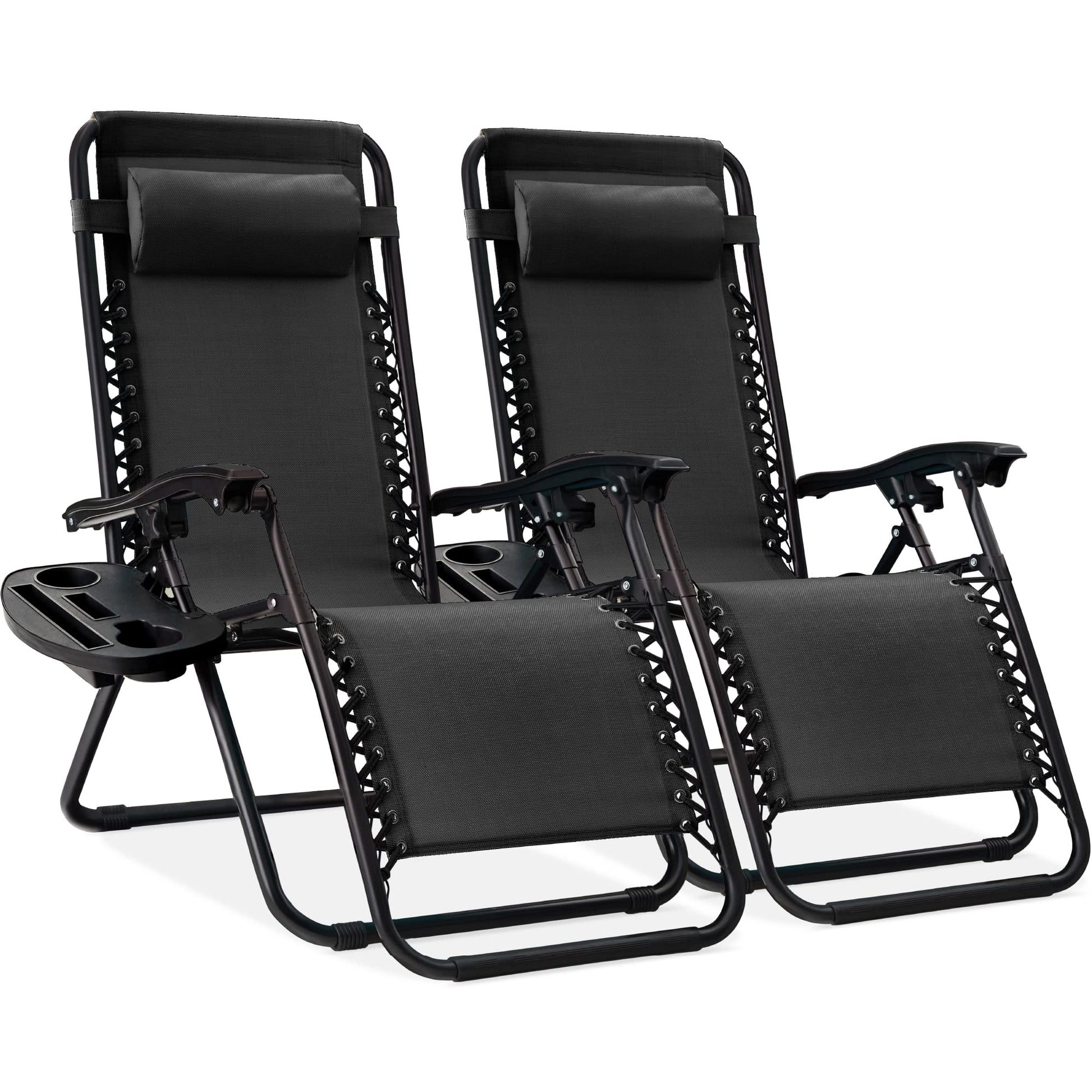 Best Choice Products Set of 2 Adjustable Steel Mesh Zero Gravity Lounge Chair Recliners w/Pillows and Cup Holder Trays - Black - CookCave