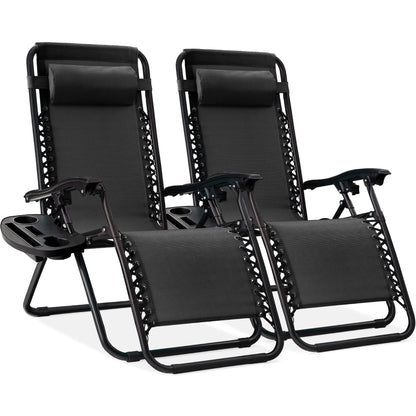 Best Choice Products Set of 2 Adjustable Steel Mesh Zero Gravity Lounge Chair Recliners w/Pillows and Cup Holder Trays - Black - CookCave