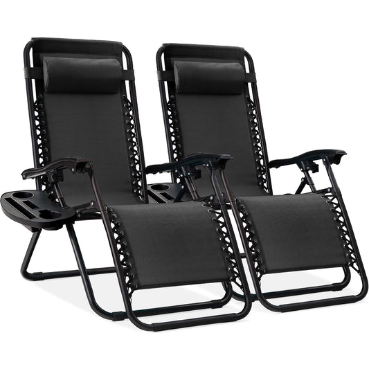 Best Choice Products Set of 2 Adjustable Steel Mesh Zero Gravity Lounge Chair Recliners w/Pillows and Cup Holder Trays - Black - CookCave