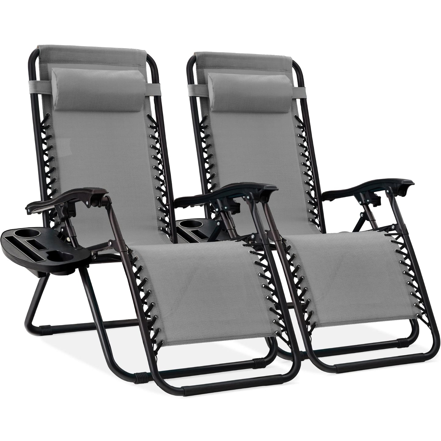 Best Choice Products Set of 2 Adjustable Steel Mesh Zero Gravity Lounge Chair Recliners w/Pillows and Cup Holder Trays - Ice Gray - CookCave