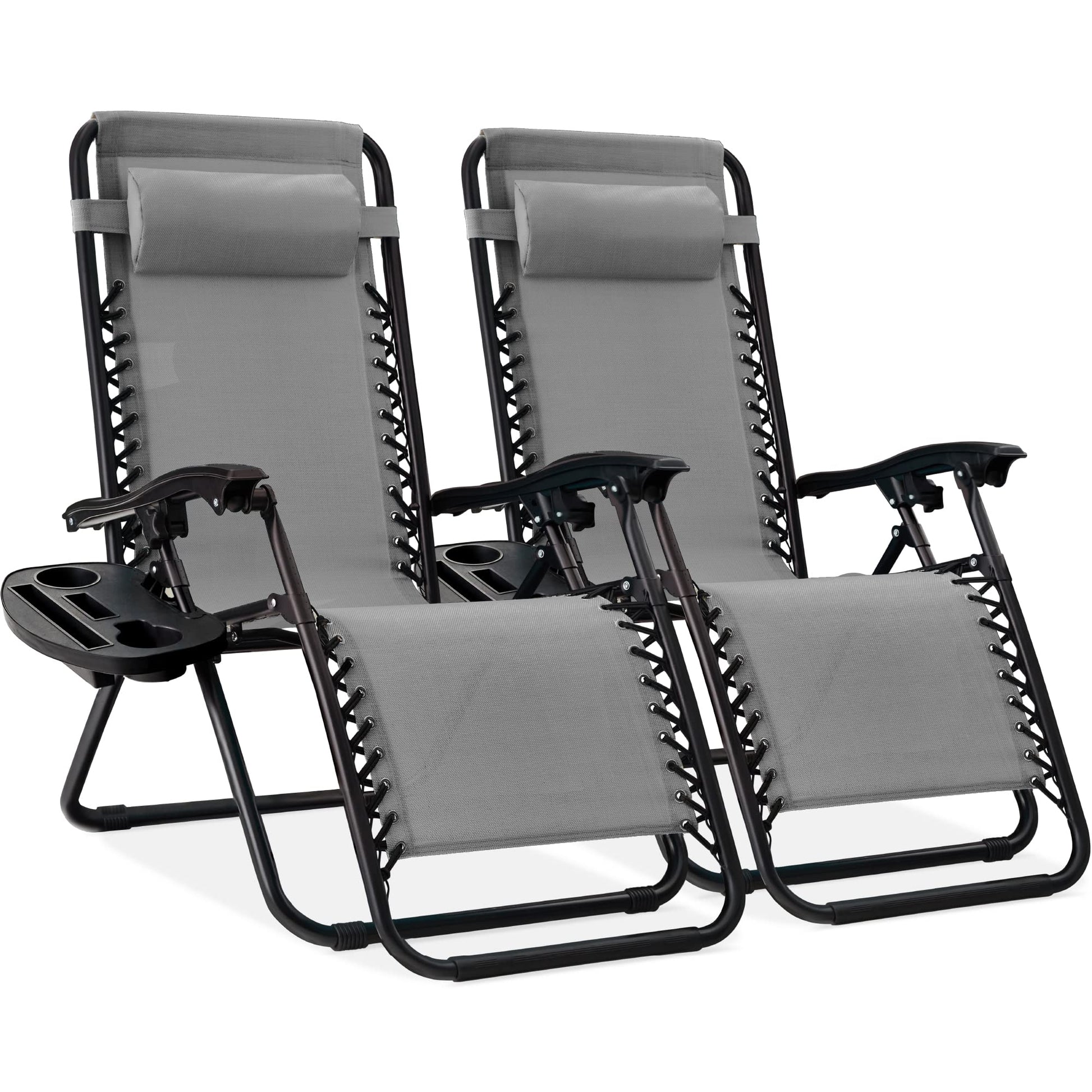 Best Choice Products Set of 2 Adjustable Steel Mesh Zero Gravity Lounge Chair Recliners w/Pillows and Cup Holder Trays - Ice Gray - CookCave
