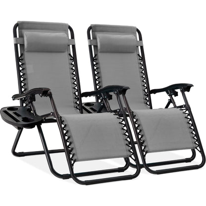 Best Choice Products Set of 2 Adjustable Steel Mesh Zero Gravity Lounge Chair Recliners w/Pillows and Cup Holder Trays - Ice Gray - CookCave