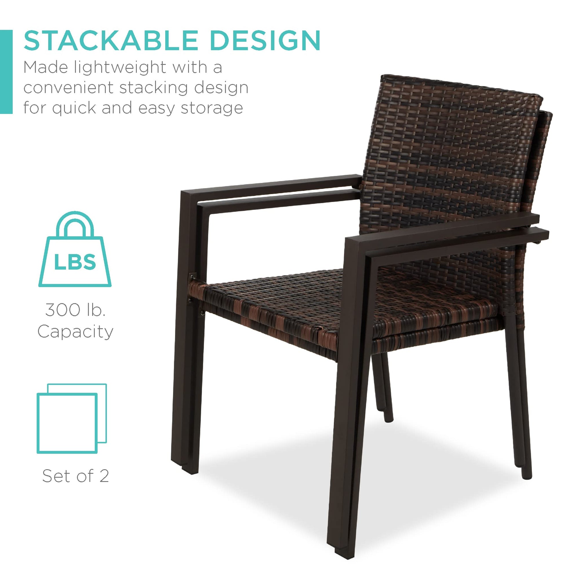 Best Choice Products Set of 2 Stackable Outdoor Wicker Dining Chairs All-Weather Firepit Armchair w/Armrests, Steel Frame for Patio, Deck, Garden, Yard - Brown - CookCave