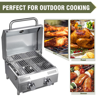 Bestfire Tabletop Gas Grill 2 Burners, 20,000 BTUs Stainless Steel Portable Propane Grill with Legs for Outdoor Patio Backyard Camping, Tailgating, and RV Trips - CookCave