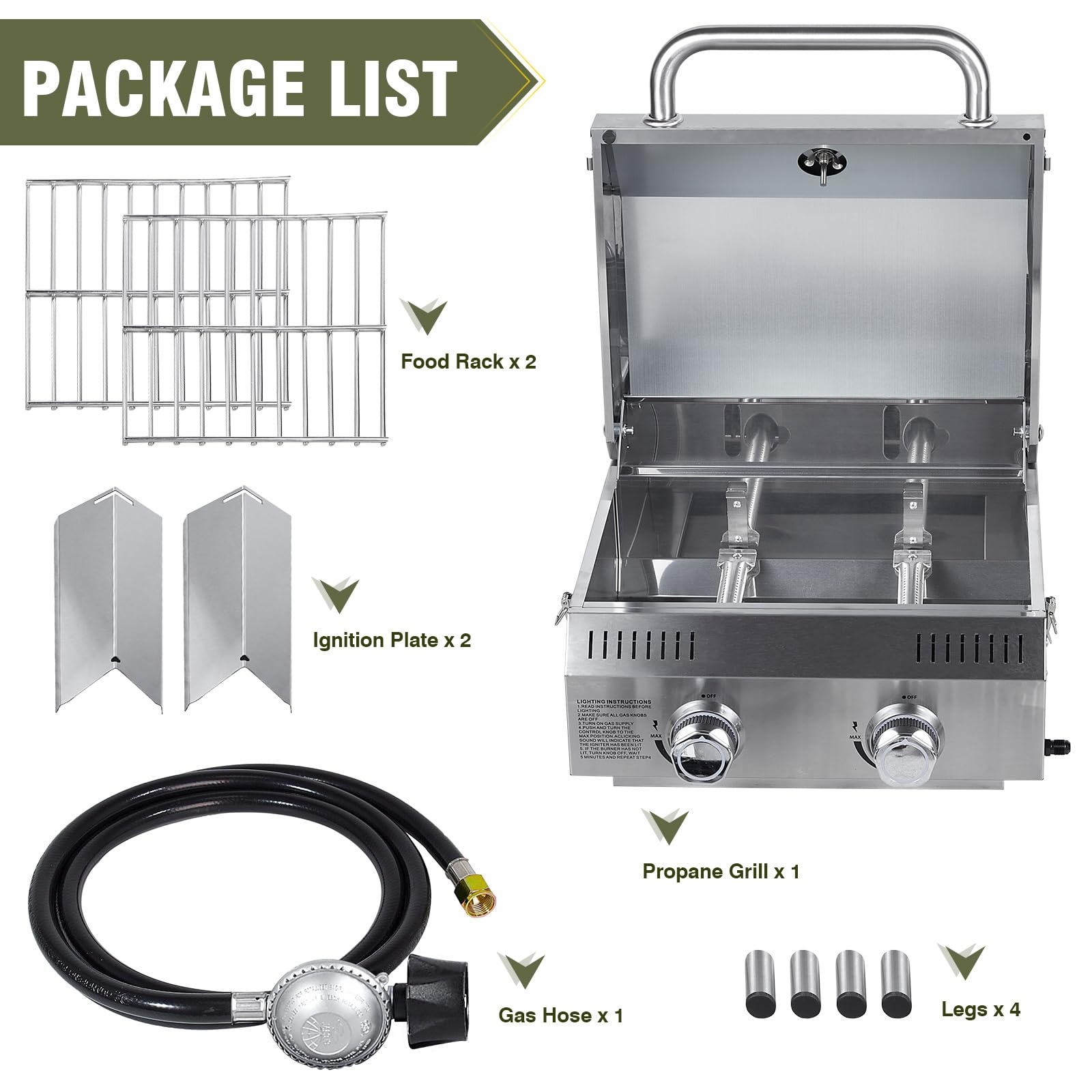 Bestfire Tabletop Gas Grill 2 Burners, 20,000 BTUs Stainless Steel Portable Propane Grill with Legs for Outdoor Patio Backyard Camping, Tailgating, and RV Trips - CookCave