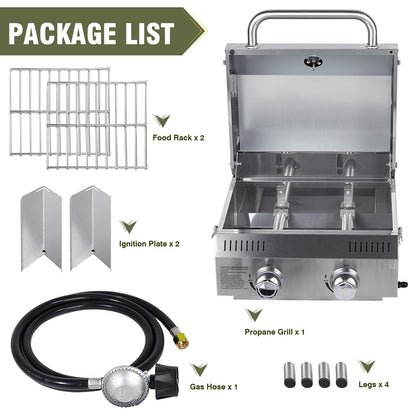 Bestfire Tabletop Gas Grill 2 Burners, 20,000 BTUs Stainless Steel Portable Propane Grill with Legs for Outdoor Patio Backyard Camping, Tailgating, and RV Trips - CookCave