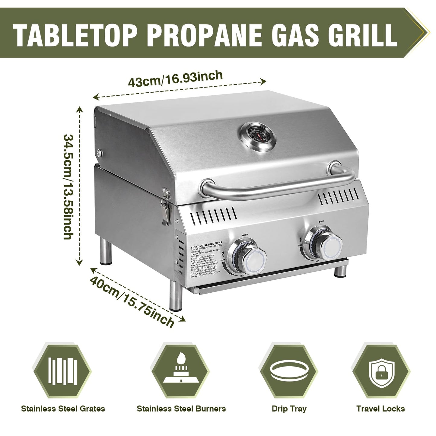 Bestfire Tabletop Gas Grill 2 Burners, 20,000 BTUs Stainless Steel Portable Propane Grill with Legs for Outdoor Patio Backyard Camping, Tailgating, and RV Trips - CookCave