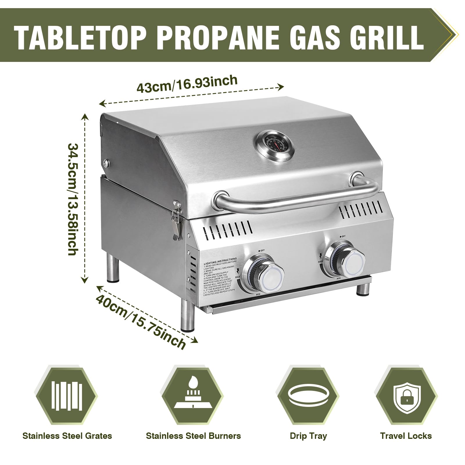 Bestfire Tabletop Gas Grill 2 Burners, 20,000 BTUs Stainless Steel Portable Propane Grill with Legs for Outdoor Patio Backyard Camping, Tailgating, and RV Trips - CookCave