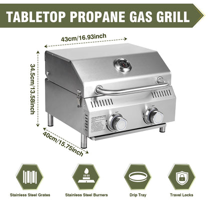 Bestfire Tabletop Gas Grill 2 Burners, 20,000 BTUs Stainless Steel Portable Propane Grill with Legs for Outdoor Patio Backyard Camping, Tailgating, and RV Trips - CookCave