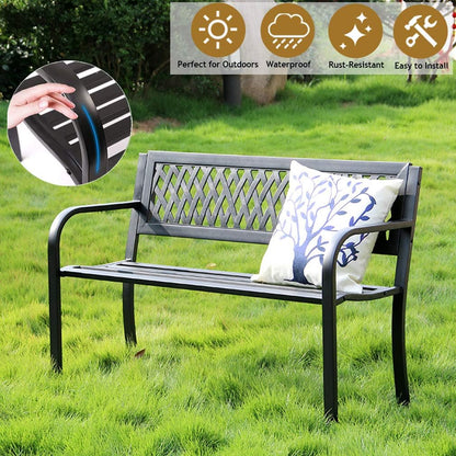 BestShop Patio Bench - Outdoor Metal Garden Bench with Armrests, 480lbs, Cast Iron, Sturdy Steel Frame, Black - CookCave