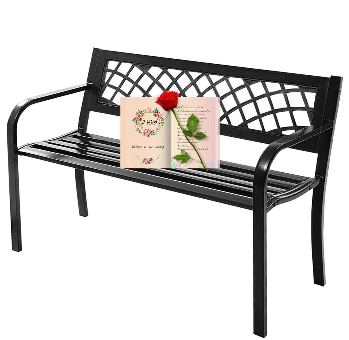 BestShop Patio Bench - Outdoor Metal Garden Bench with Armrests, 480lbs, Cast Iron, Sturdy Steel Frame, Black - CookCave