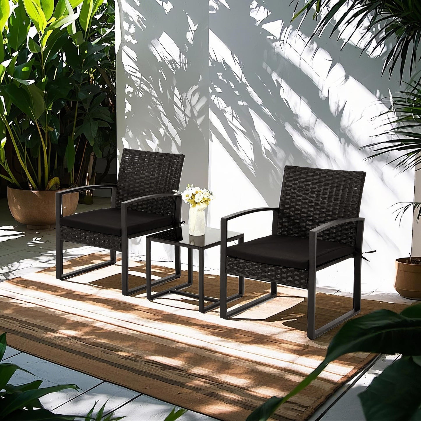 Bezseller 3 Pieces Patio Furniture Set, Outdoor Rattan Bistro Set with Coffee Table, Durable Steel Frame with Strapped Cushions for Garden, Balcony, Poolside, Backyard - CookCave