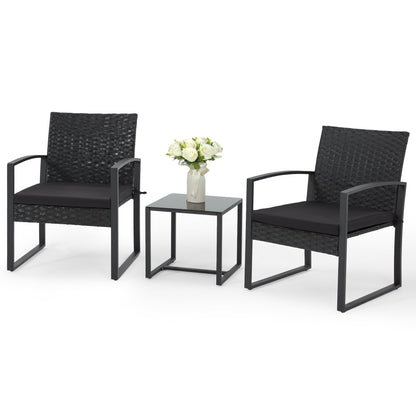 Bezseller 3 Pieces Patio Furniture Set, Outdoor Rattan Bistro Set with Coffee Table, Durable Steel Frame with Strapped Cushions for Garden, Balcony, Poolside, Backyard - CookCave