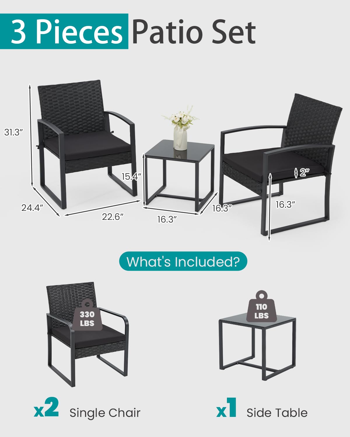 Bezseller 3 Pieces Patio Furniture Set, Outdoor Rattan Bistro Set with Coffee Table, Durable Steel Frame with Strapped Cushions for Garden, Balcony, Poolside, Backyard - CookCave