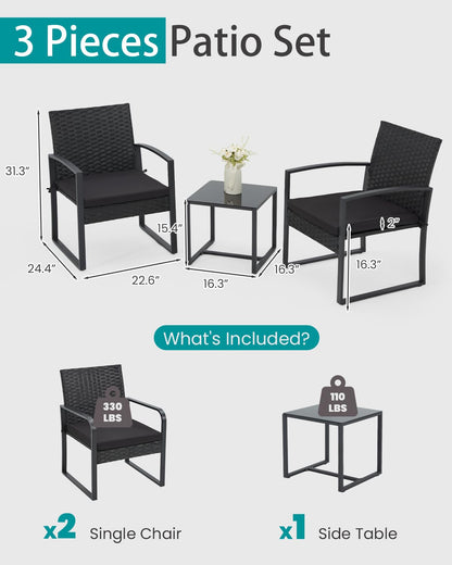 Bezseller 3 Pieces Patio Furniture Set, Outdoor Rattan Bistro Set with Coffee Table, Durable Steel Frame with Strapped Cushions for Garden, Balcony, Poolside, Backyard - CookCave