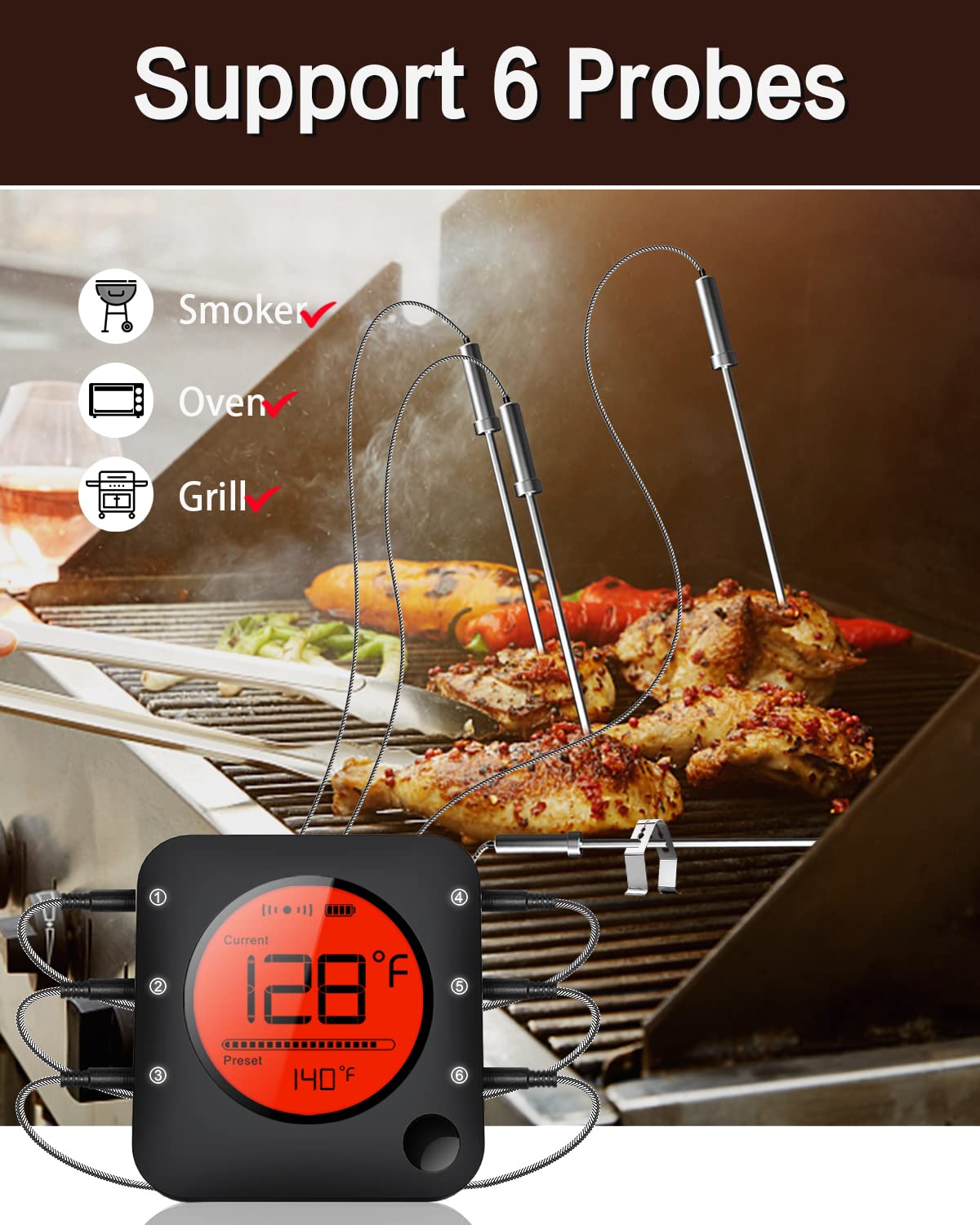 BFOUR Meat Thermometer Wireless Bluetooth, LCD Digital Meat Thermometer with Dual Probe, Wireless Remote BBQ Thermometer for Smoker Kitchen Cooking Grill Thermometer Timer for Grilling BBQ Oven - CookCave