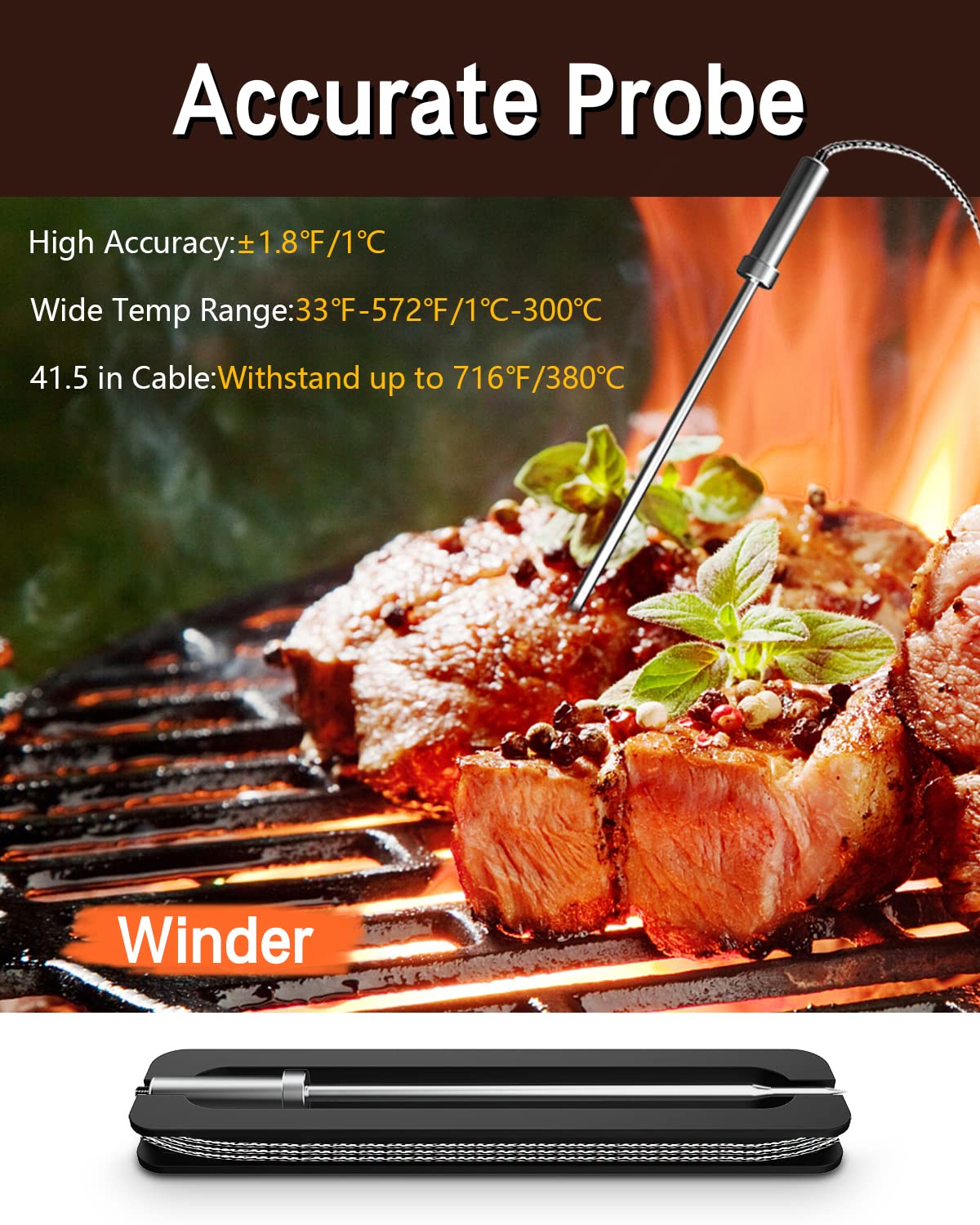 BFOUR Meat Thermometer Wireless Bluetooth, LCD Digital Meat Thermometer with Dual Probe, Wireless Remote BBQ Thermometer for Smoker Kitchen Cooking Grill Thermometer Timer for Grilling BBQ Oven - CookCave