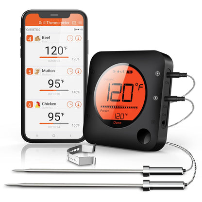 BFOUR Meat Thermometer Wireless Bluetooth, LCD Digital Meat Thermometer with Dual Probe, Wireless Remote BBQ Thermometer for Smoker Kitchen Cooking Grill Thermometer Timer for Grilling BBQ Oven - CookCave