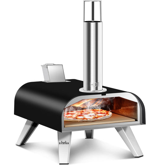 BIG HORN OUTDOORS 12" Black Pizza Ovens Wood Pellet Fired Pizza Maker, Stone-Baked Pizzas Made Easy Use Anywhere, Backyard Camping Party Cooking with your Family or Friend - CookCave