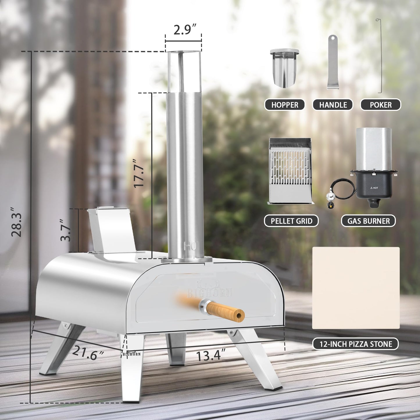 BIG HORN OUTDOORS 12" Multi-Fuel Pizza Oven, Portable Outdoor Pizza Oven, Wood Fired & Propane Gas, Pellet Pizza Maker with Pizza Stone - CookCave