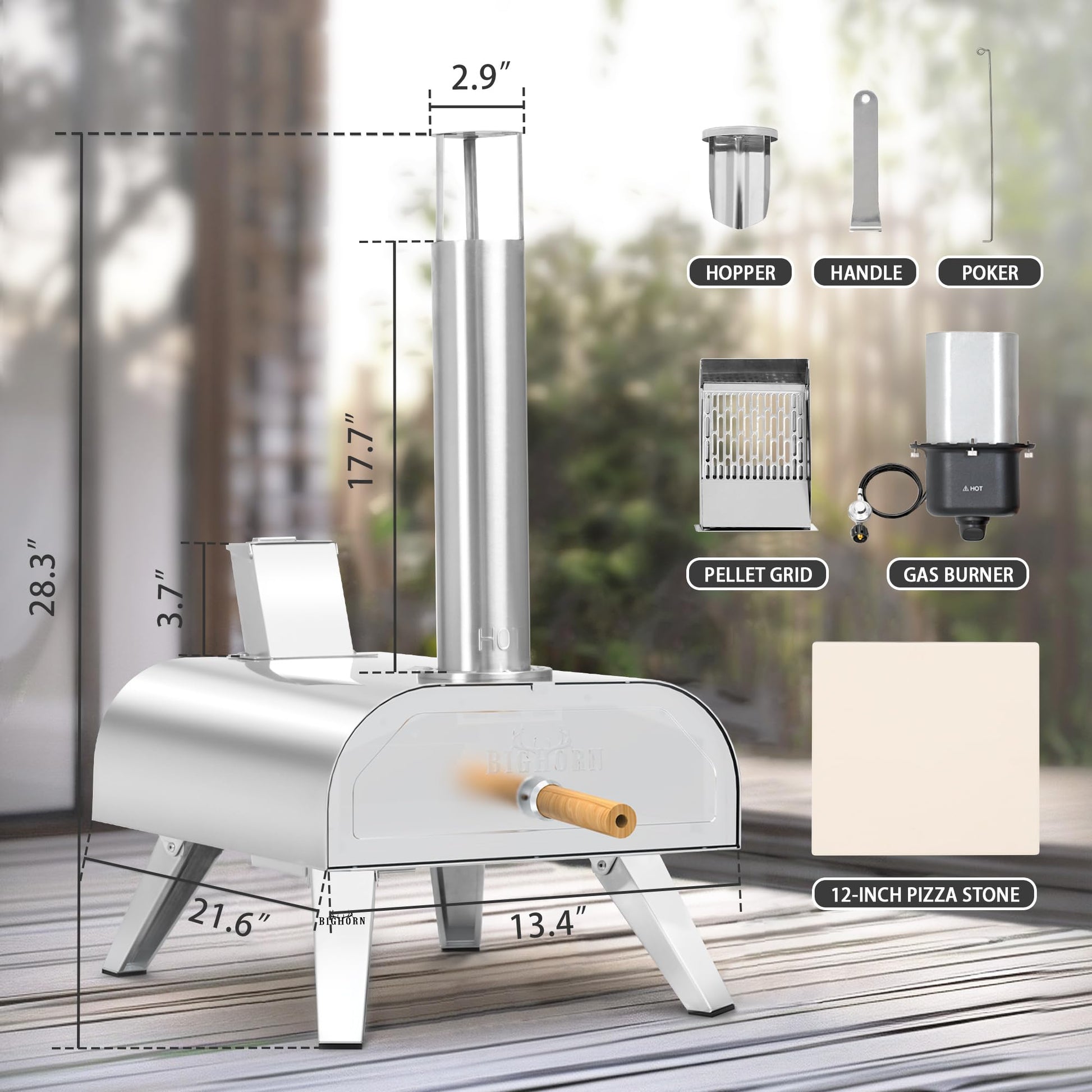 BIG HORN OUTDOORS 12" Multi-Fuel Pizza Oven, Portable Outdoor Pizza Oven, Wood Fired & Propane Gas, Pellet Pizza Maker with Pizza Stone - CookCave