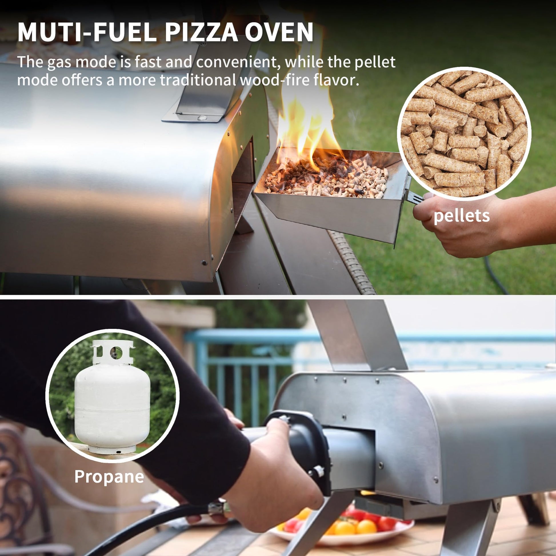 BIG HORN OUTDOORS 12" Multi-Fuel Pizza Oven, Portable Outdoor Pizza Oven, Wood Fired & Propane Gas, Pellet Pizza Maker with Pizza Stone - CookCave