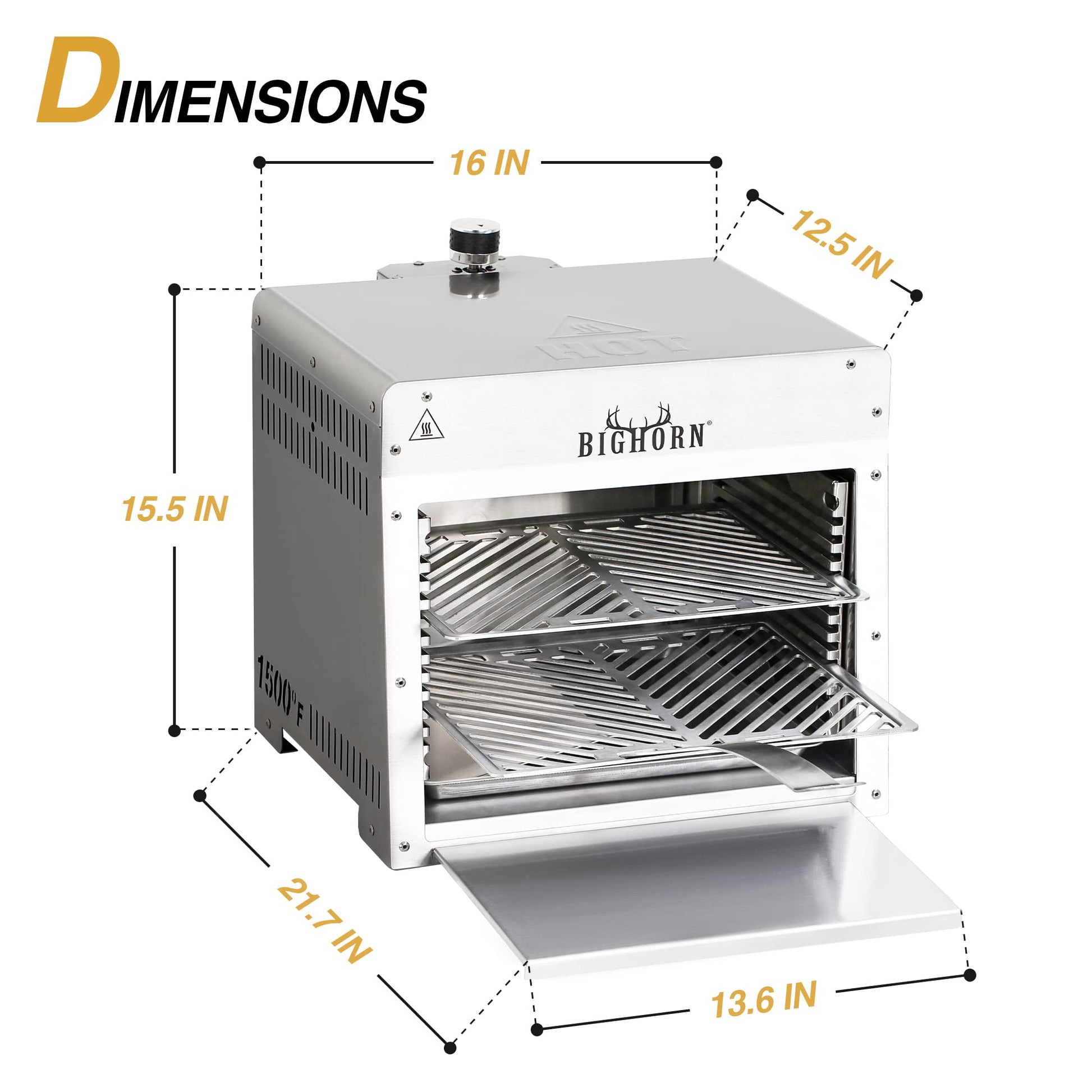 BIG HORN OUTDOORS 1500°F Small Infrared Propane Gas Grill – Portable Steak Broiler & Sear Station, Outdoor Salamander BBQ with Pizza Stone, Stainless Steel - CookCave