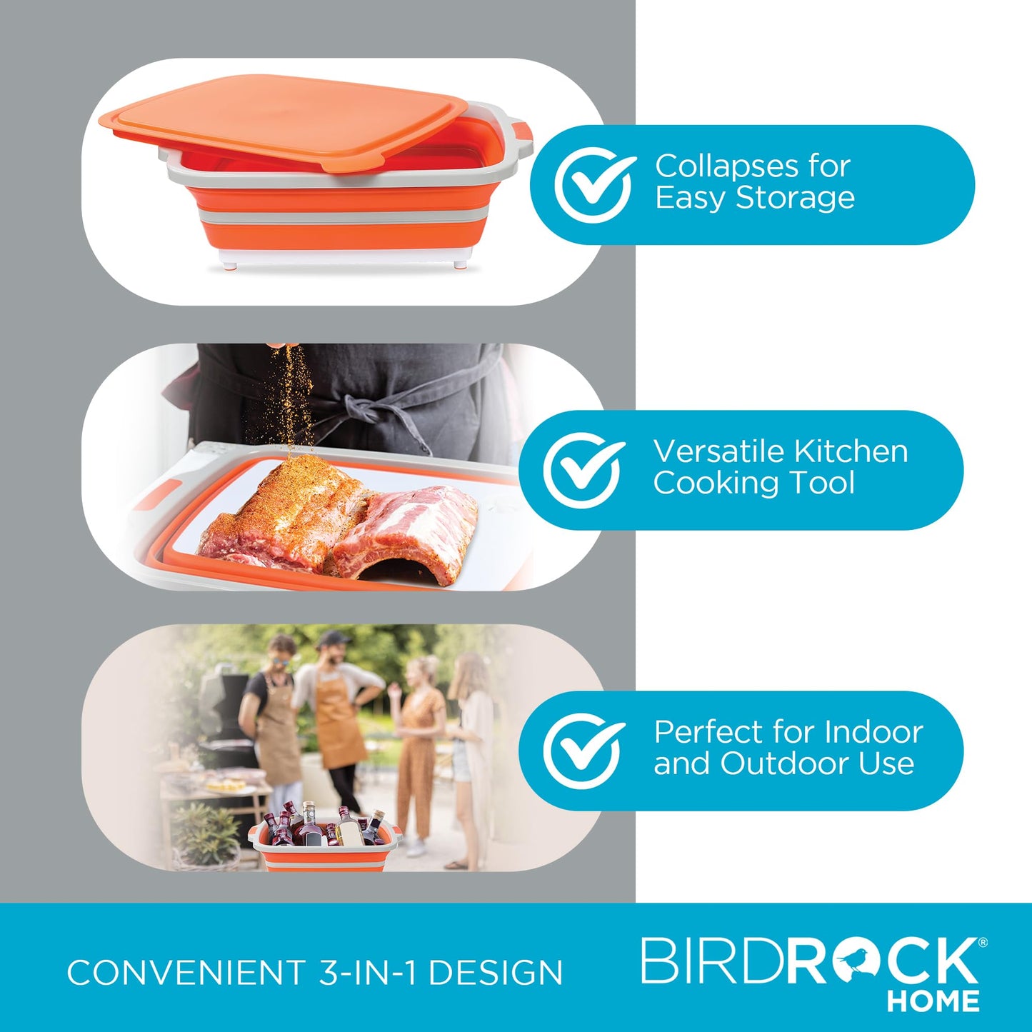 BIRDROCK HOME Collapsible Large BBQ Prep Tub w/Cutting Board, Multi-Function Grill Caddy w/Colander & Lid, Portable Silicone Dish Bowl for Picnic, Tailgate, Camping - Orange - CookCave