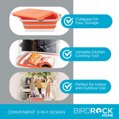 BIRDROCK HOME Collapsible Large BBQ Prep Tub w/Cutting Board, Multi-Function Grill Caddy w/Colander & Lid, Portable Silicone Dish Bowl for Picnic, Tailgate, Camping - Orange - CookCave