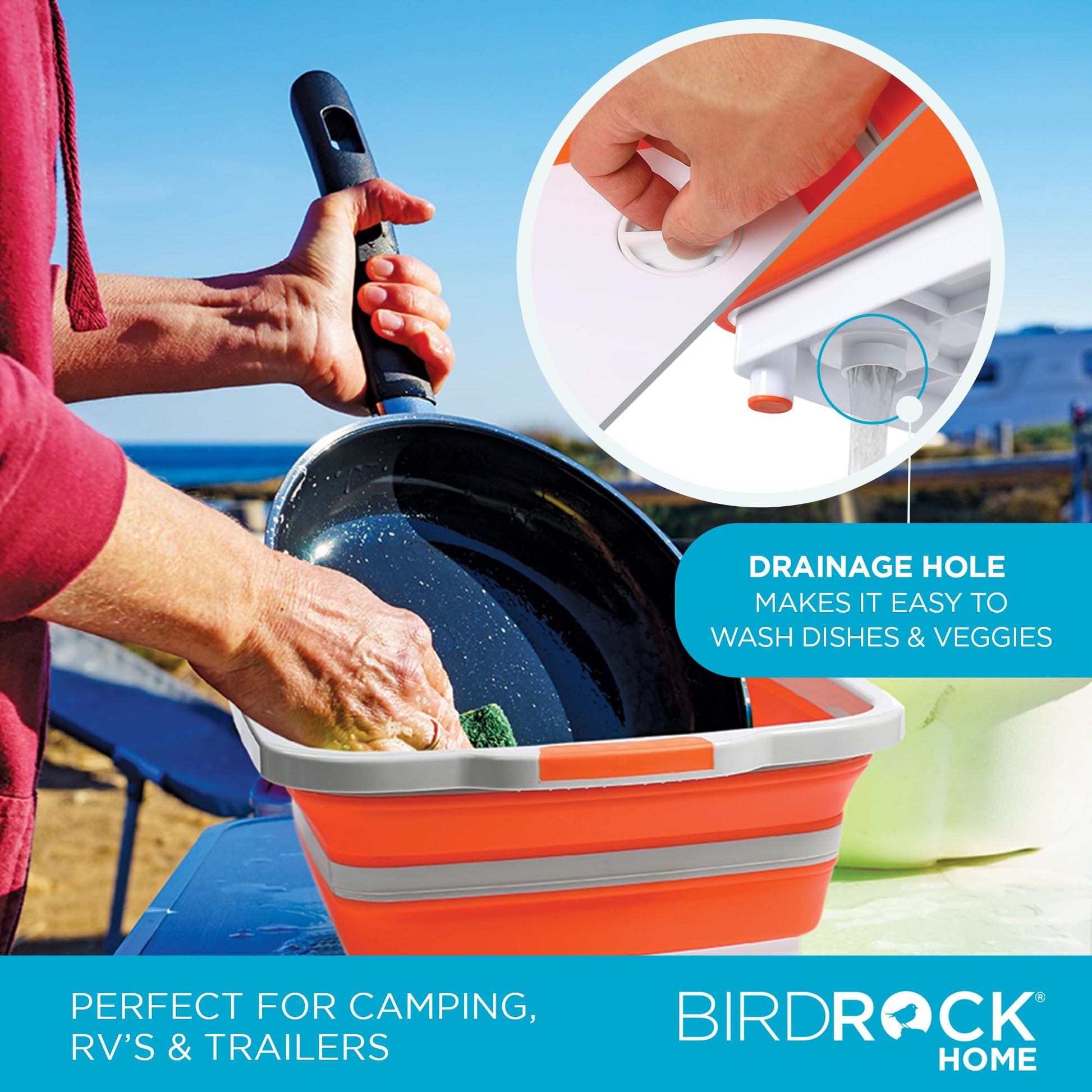 BIRDROCK HOME Collapsible Large BBQ Prep Tub w/Cutting Board, Multi-Function Grill Caddy w/Colander & Lid, Portable Silicone Dish Bowl for Picnic, Tailgate, Camping - Orange - CookCave