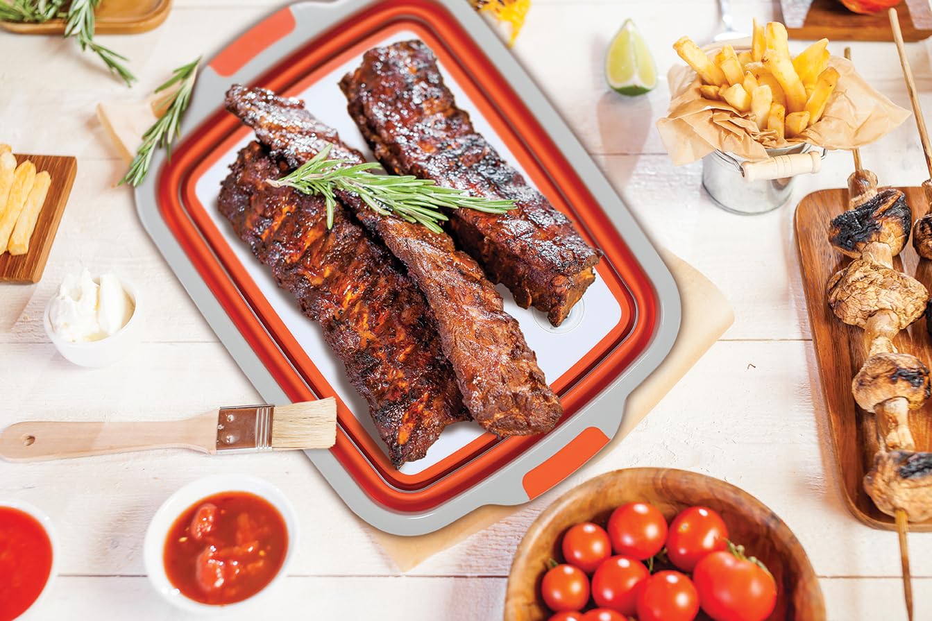 BIRDROCK HOME Collapsible Large BBQ Prep Tub w/Cutting Board, Multi-Function Grill Caddy w/Colander & Lid, Portable Silicone Dish Bowl for Picnic, Tailgate, Camping - Orange - CookCave