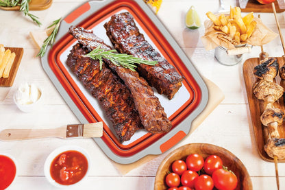 BIRDROCK HOME Collapsible Large BBQ Prep Tub w/Cutting Board, Multi-Function Grill Caddy w/Colander & Lid, Portable Silicone Dish Bowl for Picnic, Tailgate, Camping - Orange - CookCave