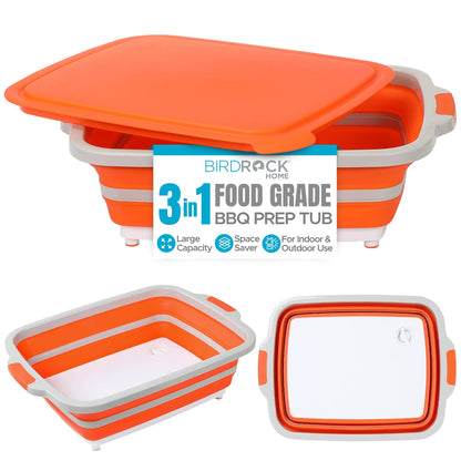 BIRDROCK HOME Collapsible Large BBQ Prep Tub w/Cutting Board, Multi-Function Grill Caddy w/Colander & Lid, Portable Silicone Dish Bowl for Picnic, Tailgate, Camping - Orange - CookCave