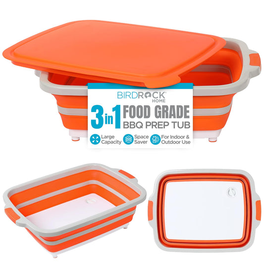 BIRDROCK HOME Collapsible Large BBQ Prep Tub w/Cutting Board, Multi-Function Grill Caddy w/Colander & Lid, Portable Silicone Dish Bowl for Picnic, Tailgate, Camping - Orange - CookCave
