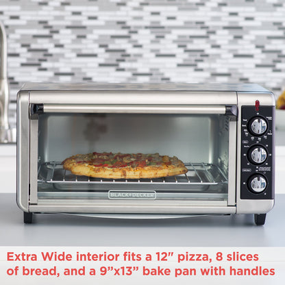BLACK+DECKER 8-Slice Extra Wide Convection Toaster Oven, Fits 9"x13" Oven Pans and 12" Pizza, Bake, Toast, Broil, and Keep Warm Functions, Countertop Compact Design with Stainless Steel Finish - CookCave