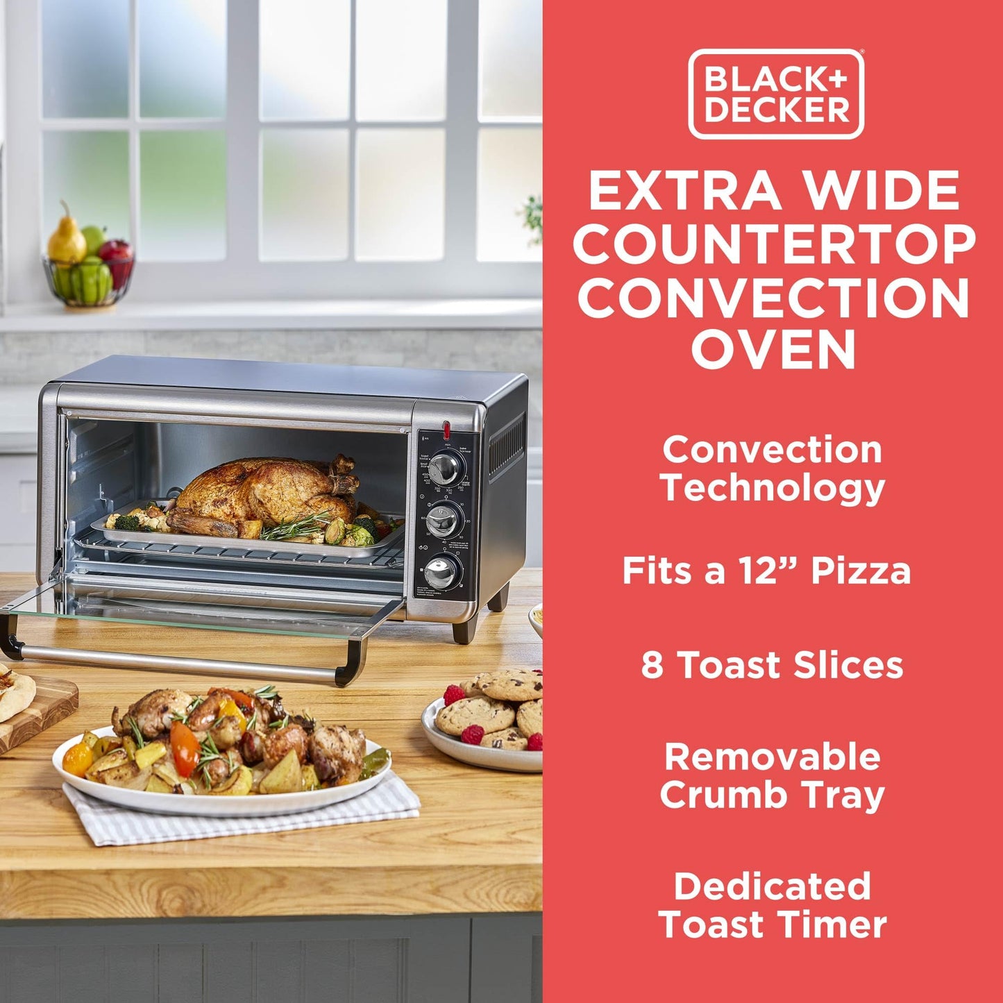 BLACK+DECKER 8-Slice Extra Wide Convection Toaster Oven, Fits 9"x13" Oven Pans and 12" Pizza, Bake, Toast, Broil, and Keep Warm Functions, Countertop Compact Design with Stainless Steel Finish - CookCave