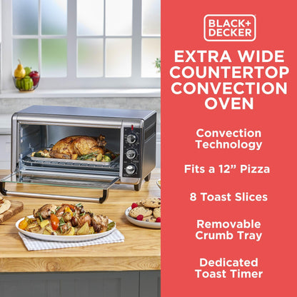 BLACK+DECKER 8-Slice Extra Wide Convection Toaster Oven, Fits 9"x13" Oven Pans and 12" Pizza, Bake, Toast, Broil, and Keep Warm Functions, Countertop Compact Design with Stainless Steel Finish - CookCave