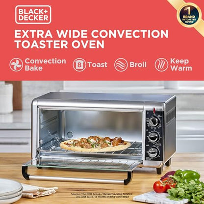 BLACK+DECKER 8-Slice Extra Wide Convection Toaster Oven, Fits 9"x13" Oven Pans and 12" Pizza, Bake, Toast, Broil, and Keep Warm Functions, Countertop Compact Design with Stainless Steel Finish - CookCave