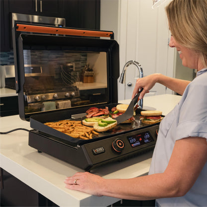 Blackstone 22-Inch Electric Griddle - 1600W Non Stick Ceramic Titanium Coated Stainless Steel Tabletop Griddle with EZ-Touch Control Dial, LCD Display, Patented Rotate & Remove Glass Hood - 8001 - CookCave