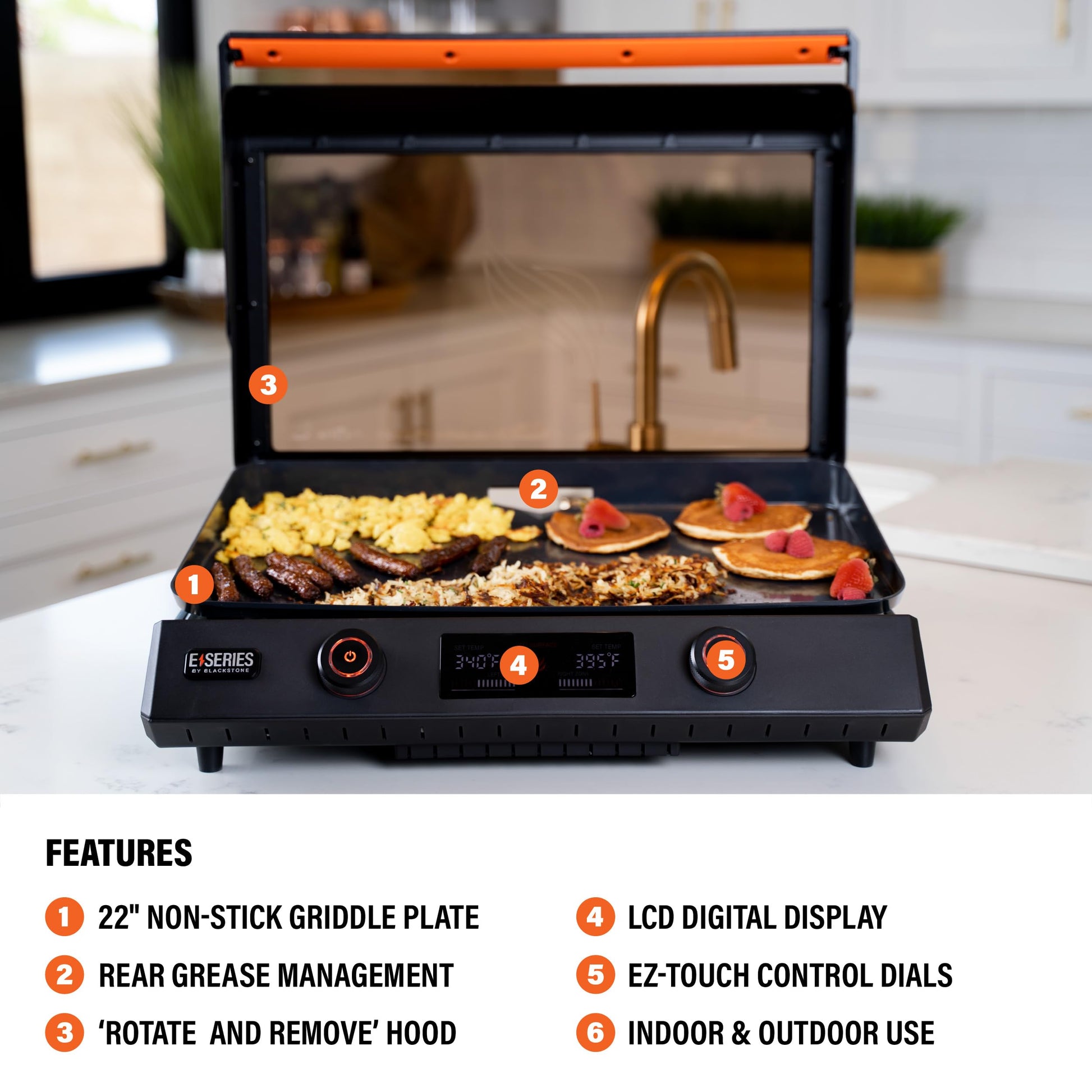 Blackstone 22-Inch Electric Griddle - 1600W Non Stick Ceramic Titanium Coated Stainless Steel Tabletop Griddle with EZ-Touch Control Dial, LCD Display, Patented Rotate & Remove Glass Hood - 8001 - CookCave